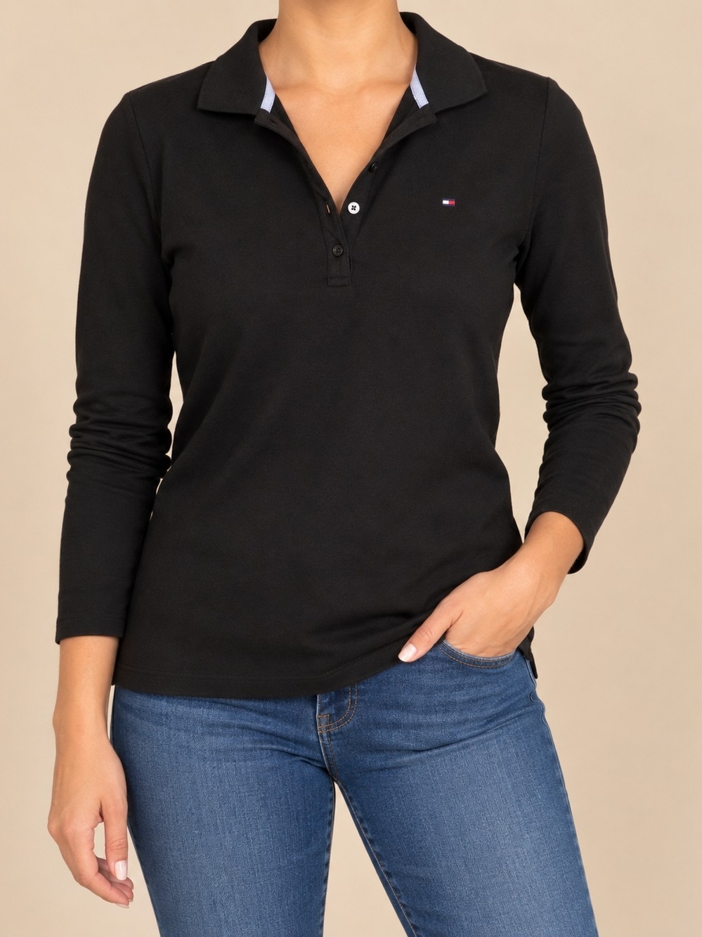 Tommy Hilfiger Black Long Sleeve Polo Shirt Stretch Cotton Top M Preppy classic